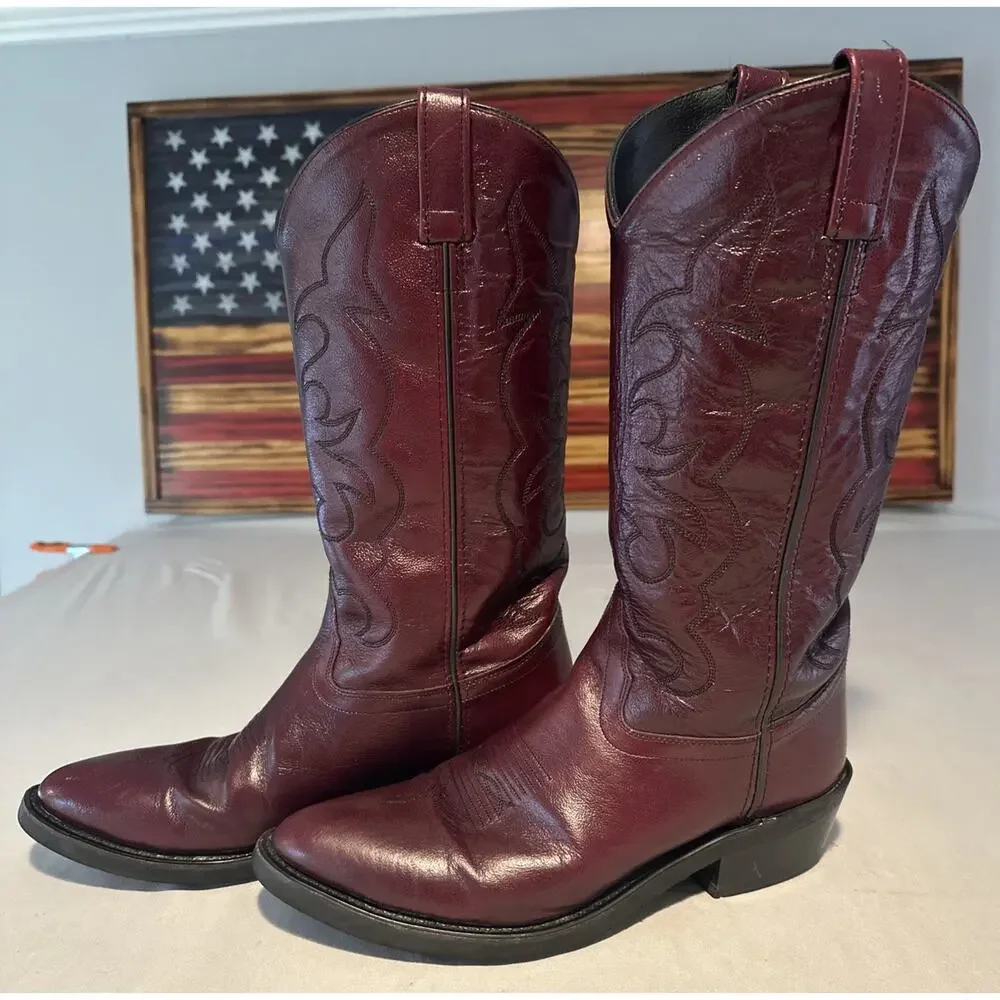 Old West Mens Black Cherry Leather Boots Western Cowboy TBM3013 Size 9.5 D